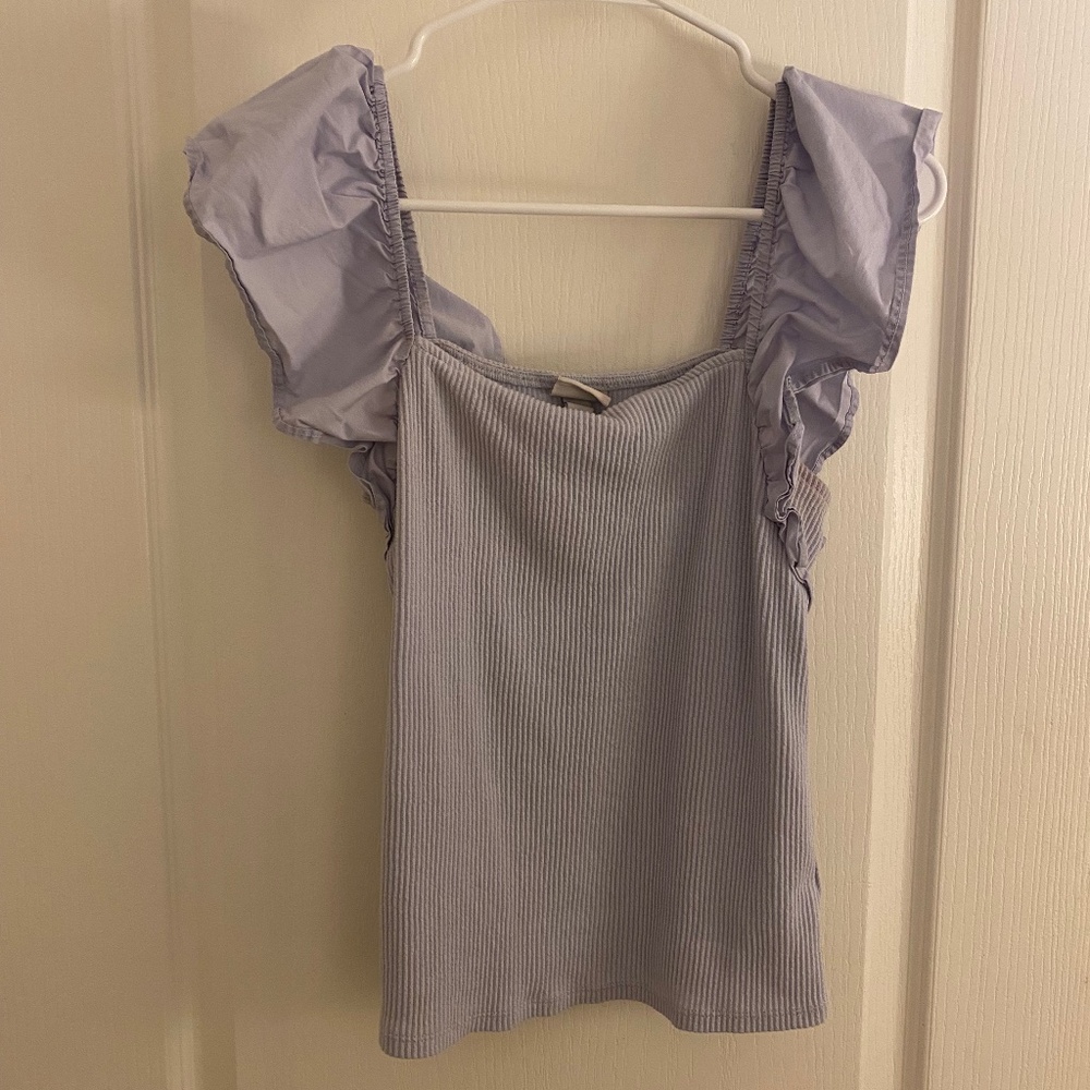 Blue Ruffle Sleeve Ribbed Top